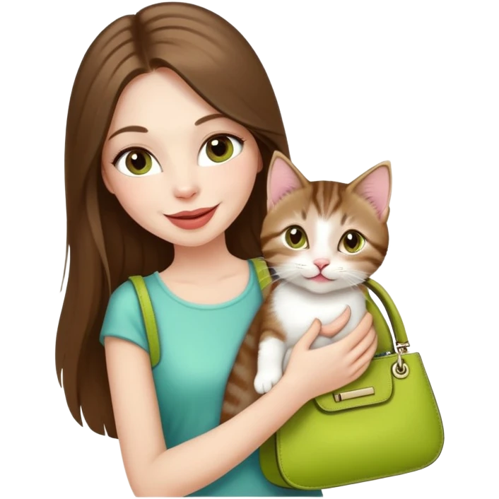 White Woman with VERY long straight brown hair, rosy lips and cheeks, big chartreuse eyes, cute happy big smile holding a white and brown tabby kitten, wearing a black purse emoji
