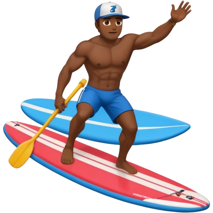 Dark muscular SUP surfer Hawaii wearing a baseball cap emoji