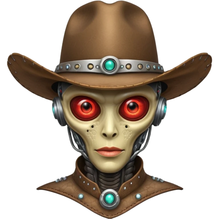 Close-up portrait of a biomechanical alien cowboy, half organic half robotic face, metallic textures blending with alien skin, glowing red eye, futuristic cowboy hat, moody lighting, ultra realistic detail, cyber-western style
 emoji