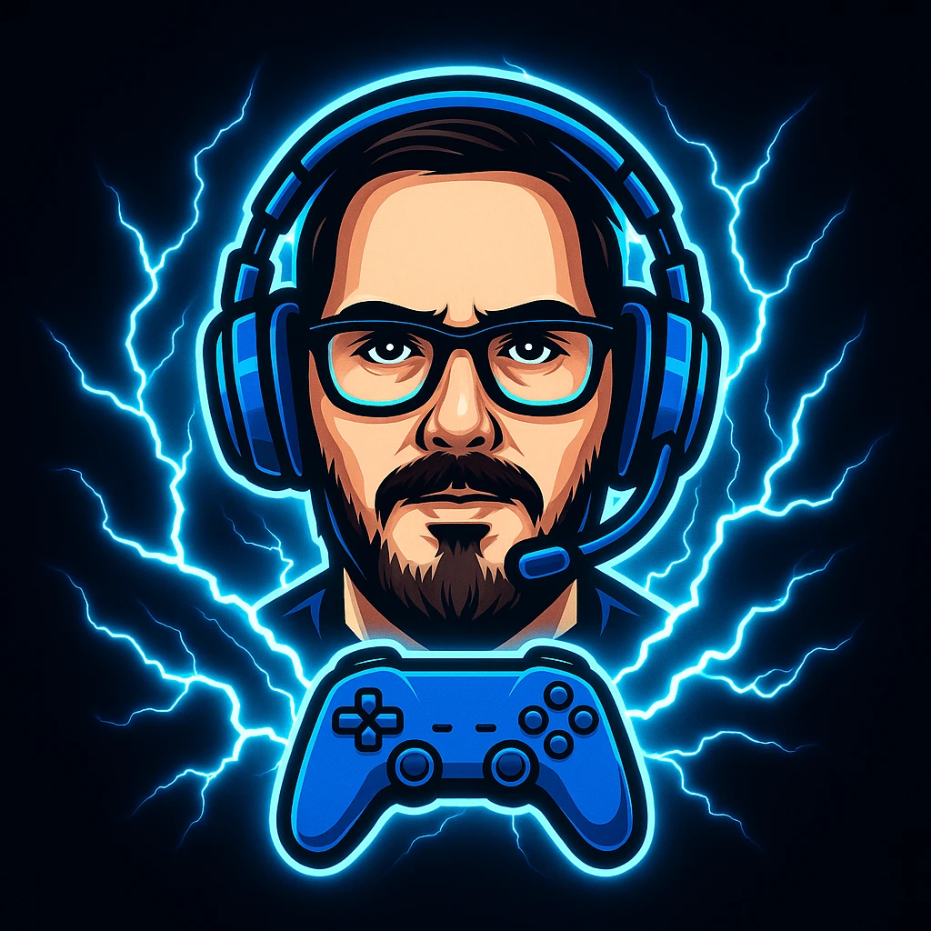 Make a cool streamer logo based on the reference photo. Add a blue headset, a controller, and intense blue lightning effects, with a glowing outline for a high-energy look. emoji