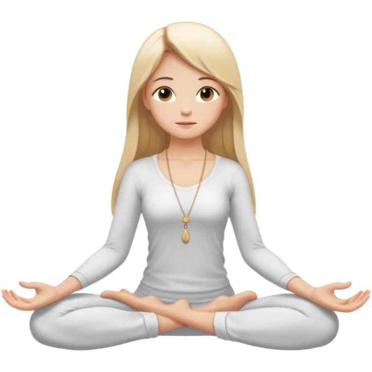"Cartoon emoji of a girl with long, straight blonde hair, fair skin, soft brown eyes. Wearing a white top with a delicate necklace, serene expression, calm and peaceful. Smooth, simple, stylized." she is doing yoga emoji