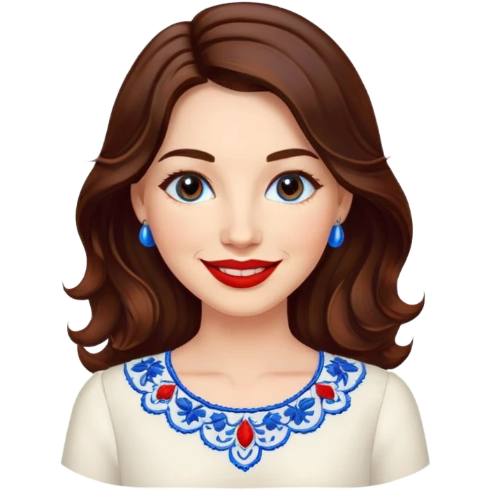 Friendly woman in her late 30s with luminous fair skin, round face, wide smile, large light brown eyes, vibrant red lips, shoulder-length dark brown wavy hair, wearing white blouse with blue embroidery and electric blue neckline emoji