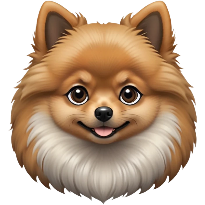 fluffy black and tan Pomeranian dog face, large round dark eyes, small black button nose, soft tan muzzle with subtle smile, two tan eyebrow spots, curious and alert expression, thick fluffy ruff of fur blending black, tan, and light gray, upright triangular ears with gray tips, friendly and cute emoji