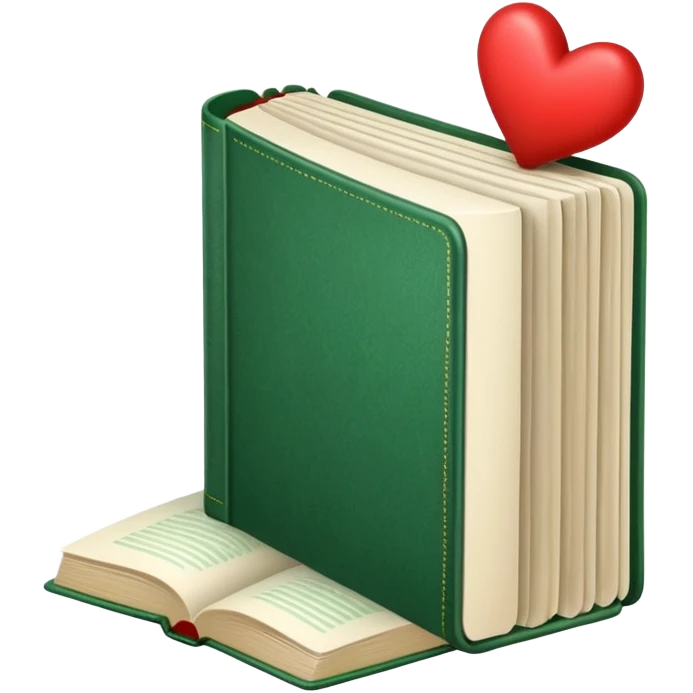 green book standing upright with visible pages and a red heart peeking out from behind the book emoji