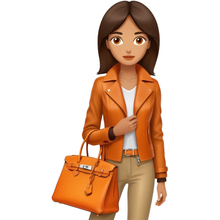 Exotic and tan woman wearing a leather Hermes jacket. She has an orange Hermes Birkin Bag. I want the image to be close up.  emoji
