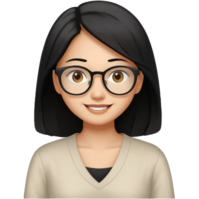 medium tan asian woman with long black hair past middle of back, round brown eyes, white v neck blouse. she has black thick frame rectangle shape glasses on and smiling with no teeth emoji