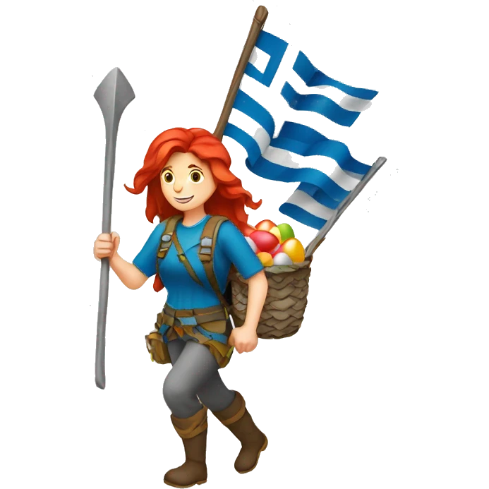 Female mountaineer red hair climbing with Greek flag and holding Easter eggs basket emoji
