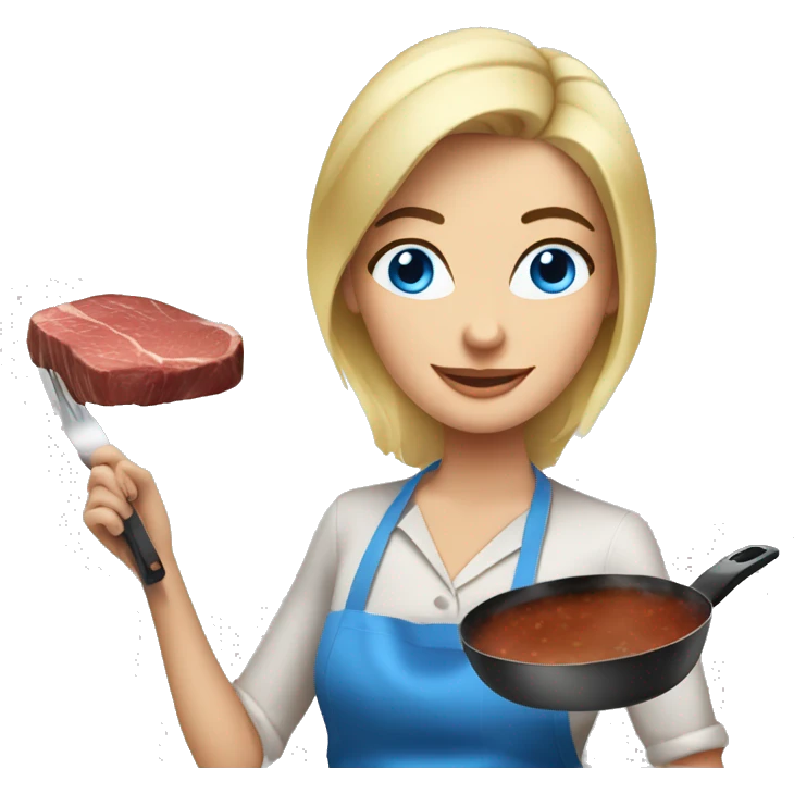 Beautiful blonde blue eyed woman cooking steak emoji