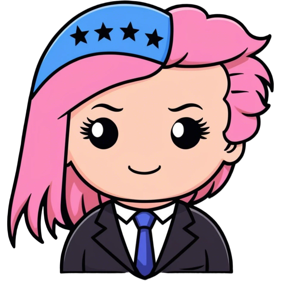 Donald trump with pink hair, long lashes, long nails, and a pride flag emoji