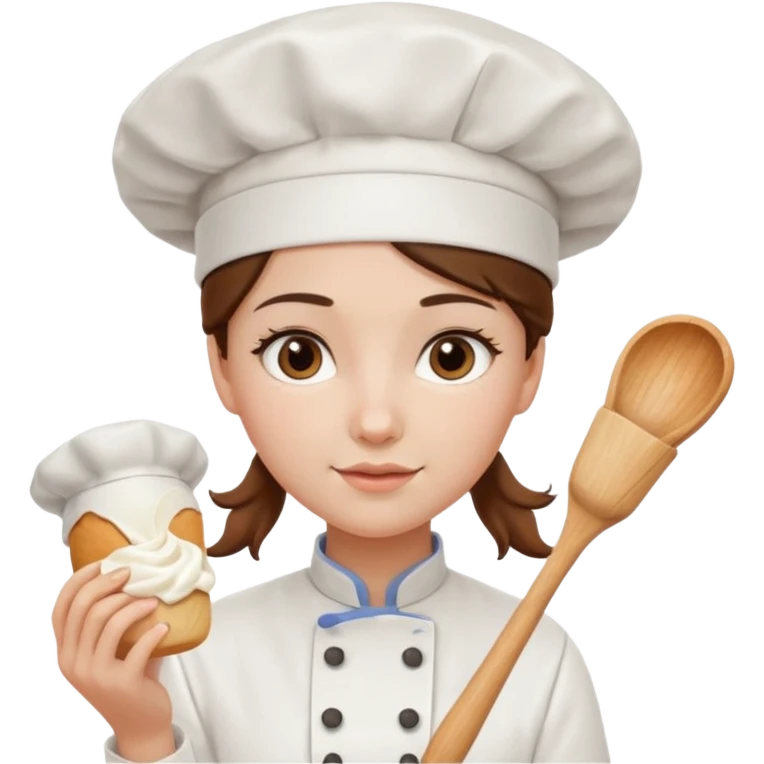 Young female baker – wearing white chef hat, holding a piping bag with cream

 emoji