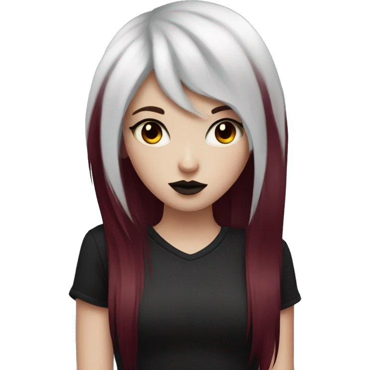Pale girl with black eyeshadow and burgundy red  colored hair with an emo haircut that’s long and layered holding a black cat emoji
