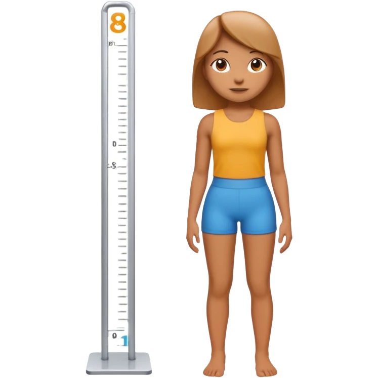 A 3D cartoon figure standing against a height chart, measurement marks visible, clean white background, Memoji-style. emoji