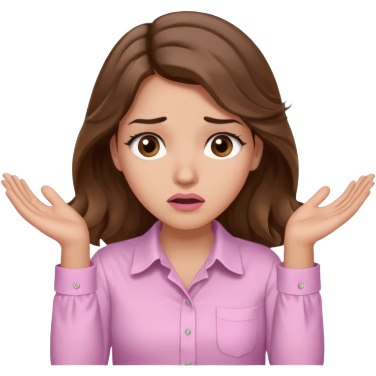 girl with wavy long brown hair, brown eyes, light to medium complexion, long lashes, light pink lipstick, wearing light pink shirt, shrugging with both hands, confused emoji