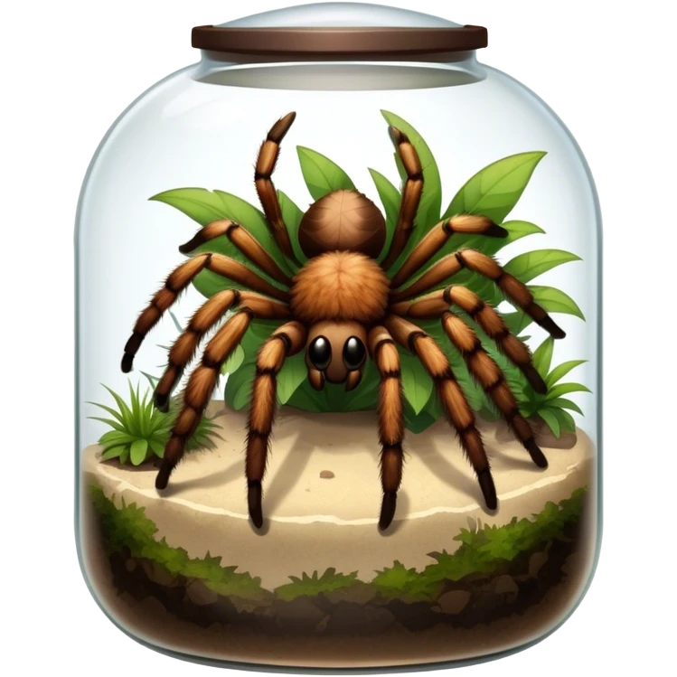 Close-up collage of a pet spider like tarantula, inside a large terrarium. Soft natural lighting highlights their textures and details. Transparent background emoji