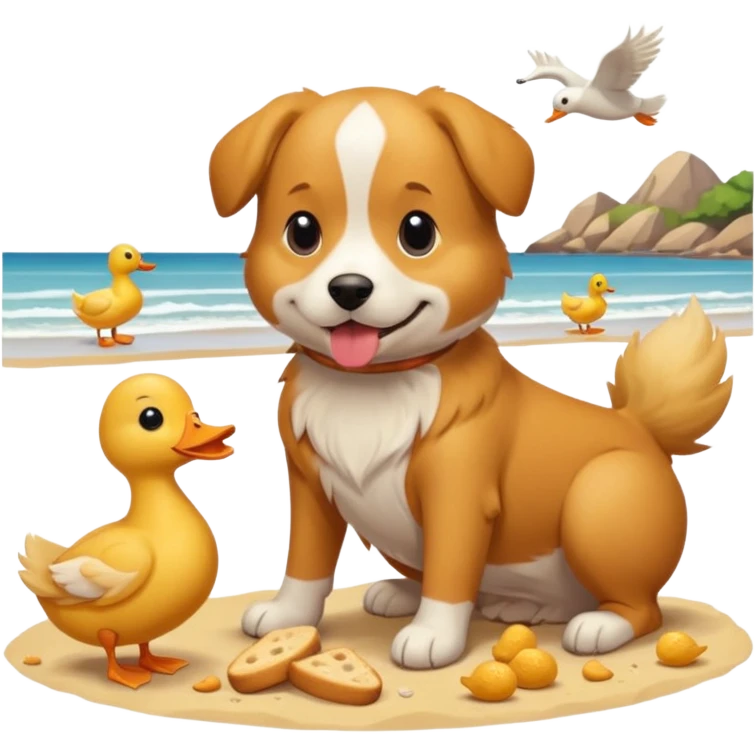 Hund am strand mit enten die brot essen emoji