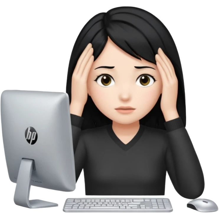 A girl is in front of a computer and is holding her head.The one with black hair And the computer is of a certain type hp emoji