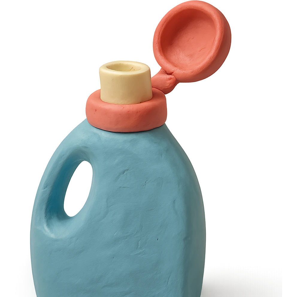 close-up of detergent bottle with cap open in claymation style, soft lighting, pastel colors emoji