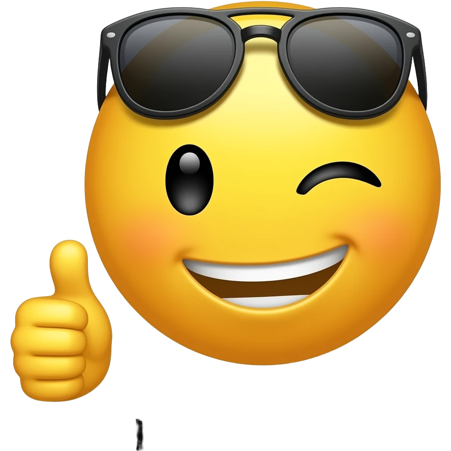 Make a yellow wink face emoji with sunglasses with a thumbs up and says you my YG still emoji