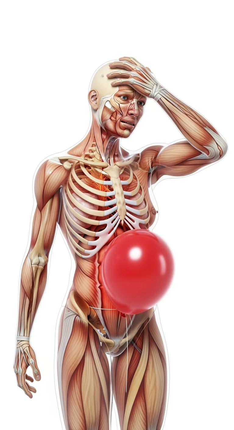 corpo umano anatomico realistico con spina dorsale anatomica in evidenza e palloncino rosso sulla pancia, si tiene una mano sulla fronte disperata per la pancia gonfia, iperrealistica 4k, isolato su sfondo bianco emoji