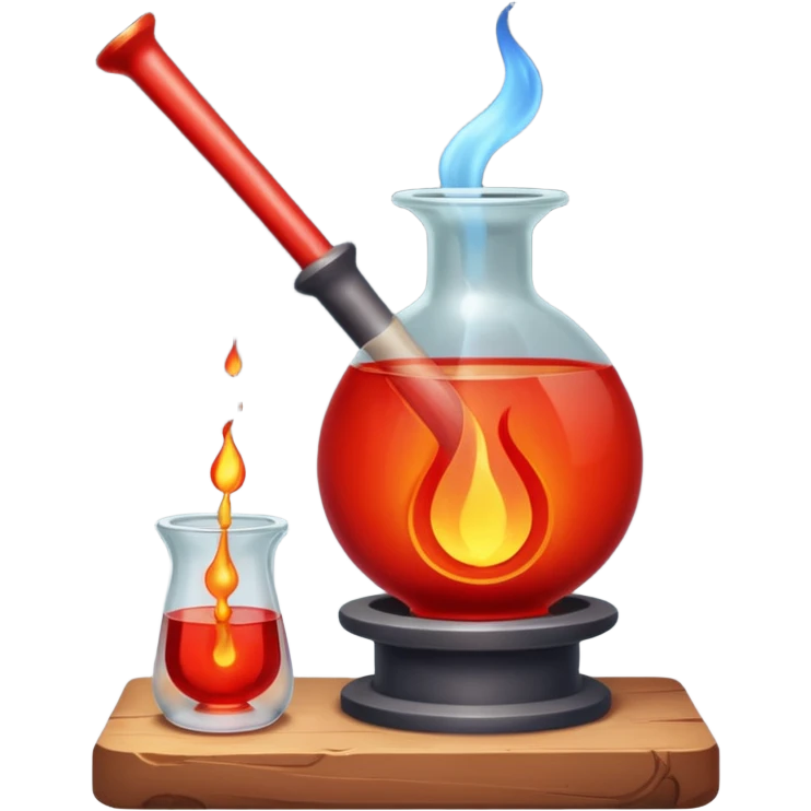 Glassblowing and casting icon, molten glass being shaped into a delicate object with a blowpipe, glowing red-hot glass being poured into a mold, unfinished glass sculpture, minimalistic style, clean lines, transparent background. emoji