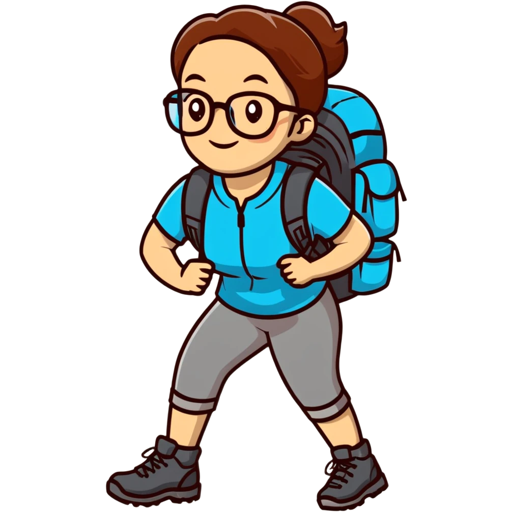 Woman in her late 30s with glasses wearing sporty outfit, hiking boots, and backpack looking happy and curious emoji