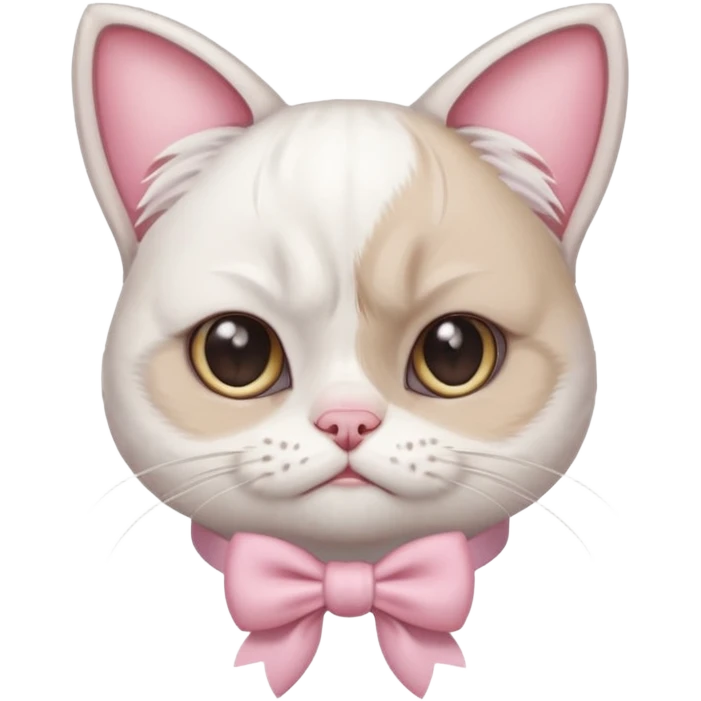 A White grumpy cat with light pink ears and paws and with a bow around its neck emoji