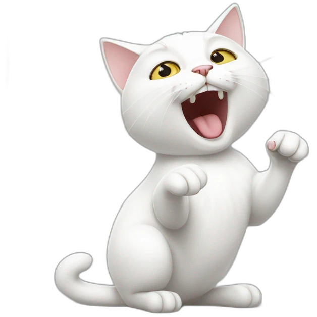 white cat that opens its mouth wide and points its paw towards its mouth emoji