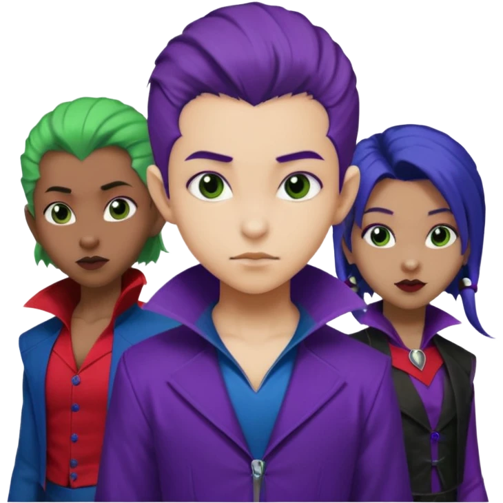 Solo poly platonic relationship, one African girl, one Asian boy, one biracial features Asian tomboy girl rat-tail hair long and upper masculine hair 90s, vampire and marvel cosplay elements inspired  use marvel colours, like instead of obvious human, green purple blue etc,  emoji