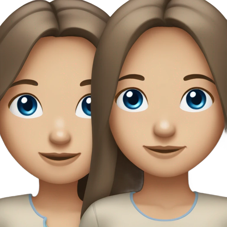 Generate emojis where 2 girls are up to their shoulders standing next to each other, one with blue eyes with medium long hair, hair color is very light brown, the other with blue eyes with long dark brown hair emoji