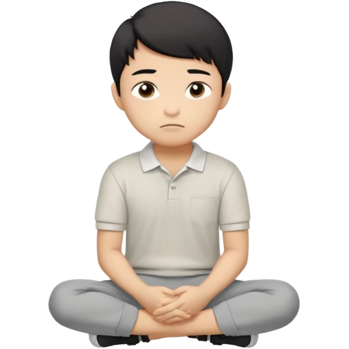 Cartoon Asian boy sitting cross-legged, clearly resting his closed fist against his cheek, looking thoughtful with a slight smirk. White polo, gray pants, black shoes, large eyes, short black hair. Clean vector style, flat colors, black background. emoji