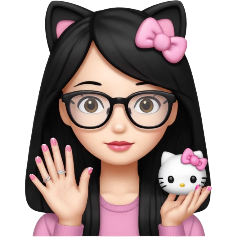 Nails cute hello kitty wear glasses black long  hair emoji