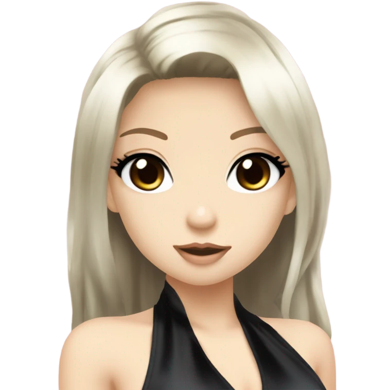 hime gyaru girl with LONG SILKY BLACK HAIR, with black satin halter top with chest, very pale skin and pretty brown monolid eyes emoji