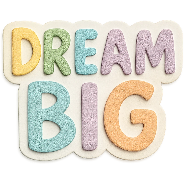 Cute hand-drawn "Dream Big" with soft pastel rainbow gradient, minimal clean outline, printable sticker, transparent background emoji