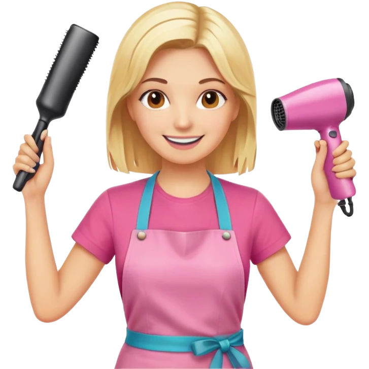 smiling blonde woman hairstylist wearing pink t-shirt and orange apron, hands raised, holding scissors and hairdryer emoji