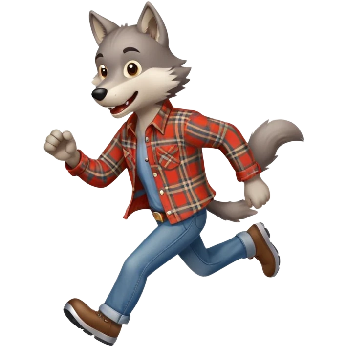 friendly anthropomorphised wolf in a plaid shirt and jeans running emoji