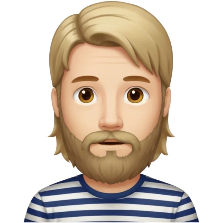 He has long hair and a beard but no moustache and wears a vertically striped t-shirt. emoji