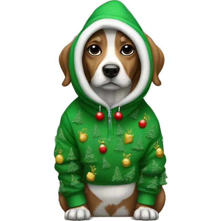 dog wearing a christmas tree hoodie emoji