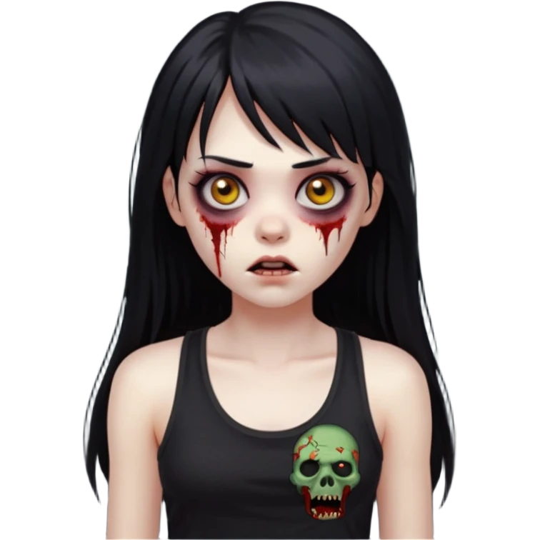 Crie um emoji de zumbi garota do iphone que tenha o cabelo preto longo, de cumprimento no peito, que tenha uma franja no tamanho da sobrancelha, com os olhos escuros e que use uma regata preta emoji