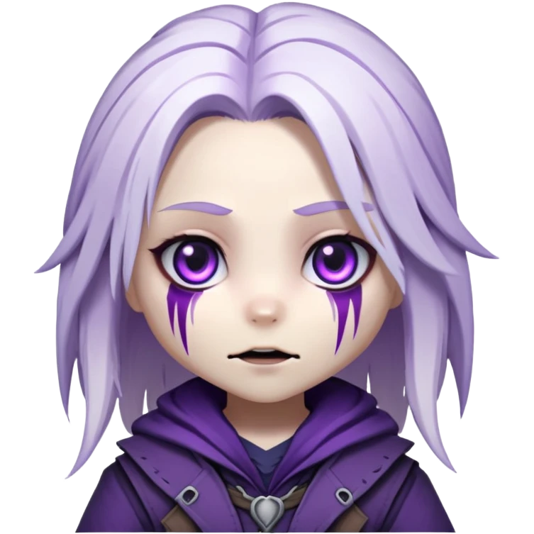 Chibi Sable Ward from Dead by Daylight with long white hair with purple streaks and fully purple eyes, detailed and expressive, cute exaggerated style with large expressive eyes and clear emotion emoji