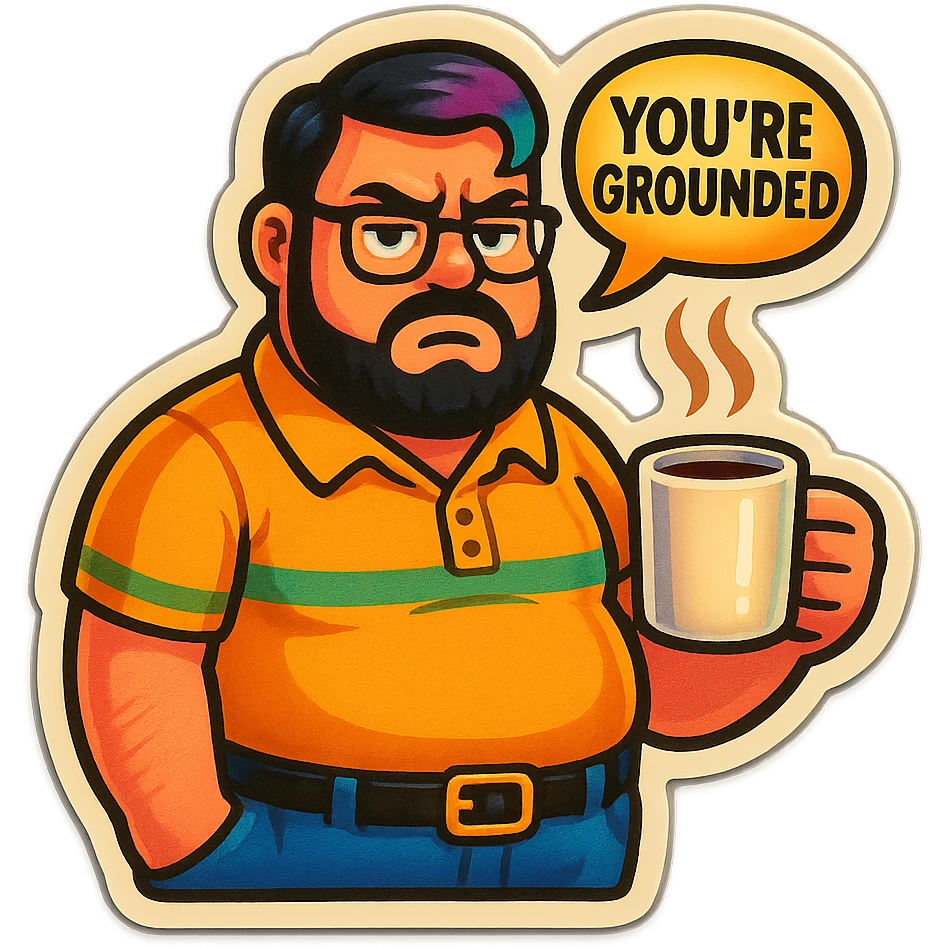 A realism art illustration art style of handsome plus-size man with black hair and a purple to green ombre streak, black beard, blue eye, glasses, dressed like a dad, holding a coffee mug, You’re grounded speech bubble, frowning  emoji
