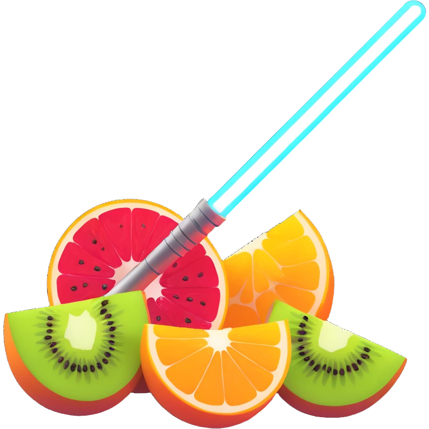 fruit being sliced by a glowing lightsaber, energetic, dynamic, vibrant colors, sense of action, glowing saber effect emoji