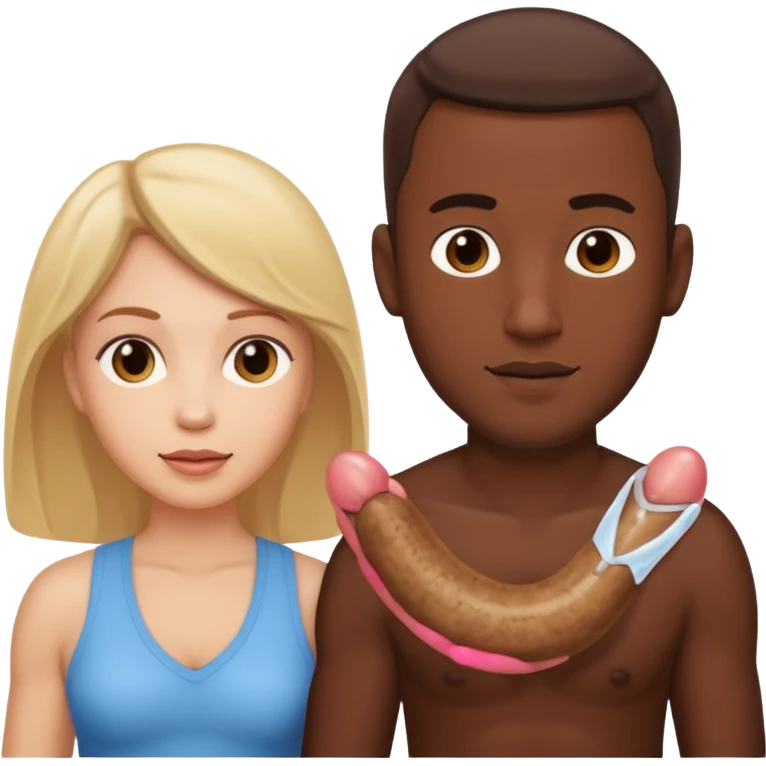 A white woman next to a dark man holding his penis and balls with semen emoji