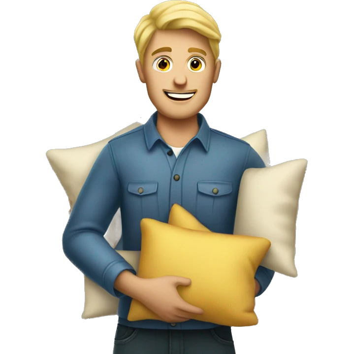 blonde man storekeeper holding pillows emoji