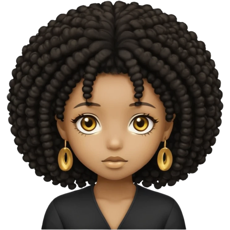 Create the same black chibi girl with long afro hair and beautiful gold eyes 20 times with different expression emoji