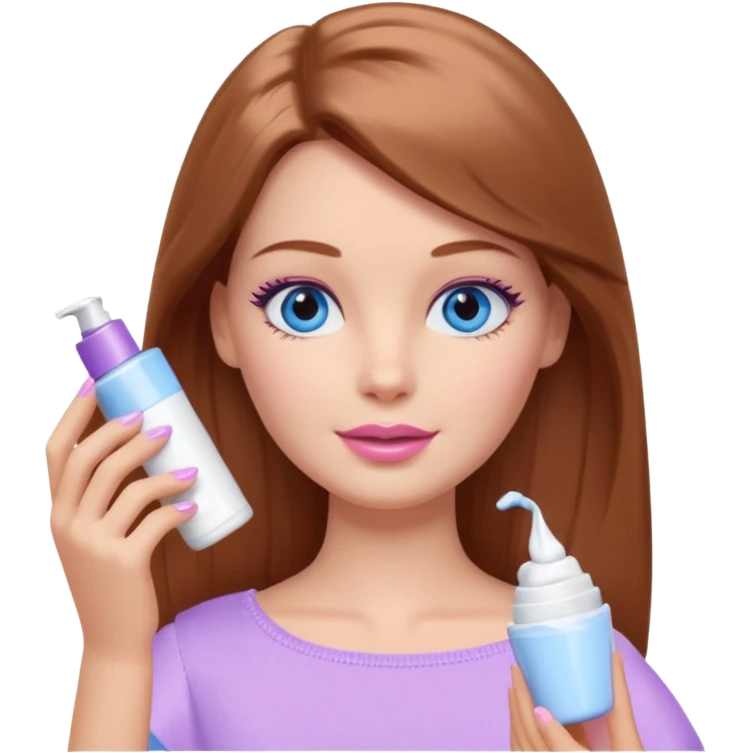Barbie girl Chestnut Shoulder-length hair and blue eyes is In pale purple applying cream on face emoji