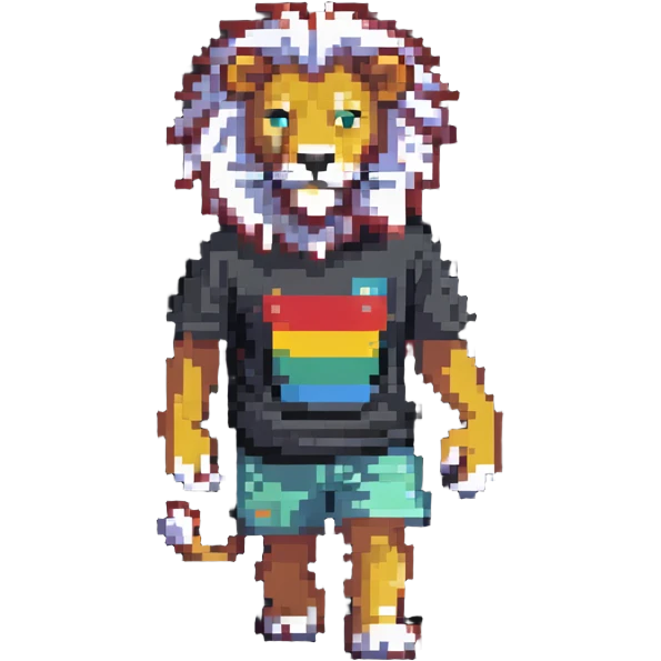 retro 1950s anthropomorphised lion in a t-shirt and shorts, walking emoji
