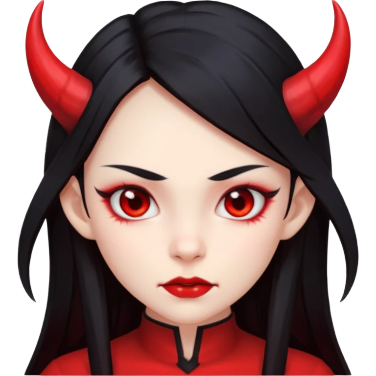 Head only demon girl; face with pronounced cheekbones and angular jaw; skin is uniform pure red (#FF0000) everywhere; long straight smooth black hair; small horns emoji