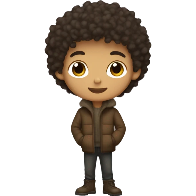 winter, christmas, hispanic,  boy, short curly hair, brown eyes, child, full body, brown coat emoji