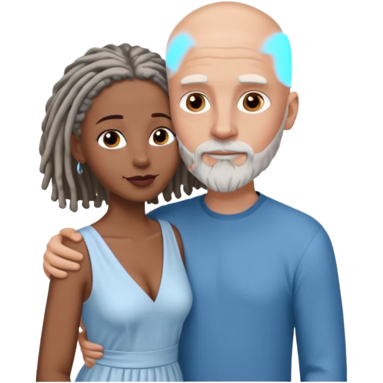 Tall bald white man with a short white beard and blue eyes in a lovingly embrace with a black woman with brown eyes and grey hair dreads emoji