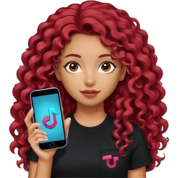 A girl with long, dark red curly hair, wearing a black T-shirt, is holding a phone with the TikTok icon emoji